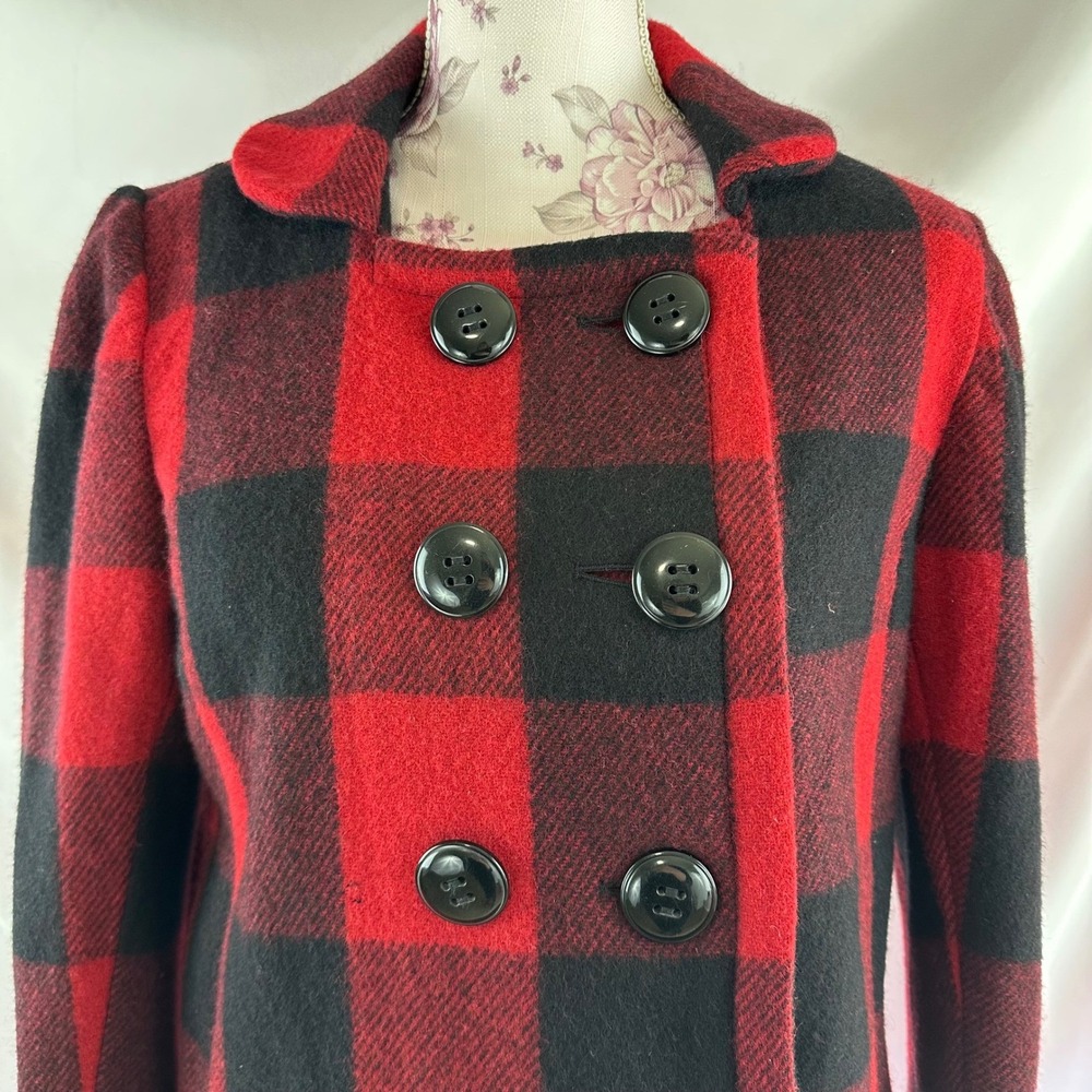 Wool Blend Buffalo Plaid Peacoat Jacket Red Black Relativity PM Petite Medium